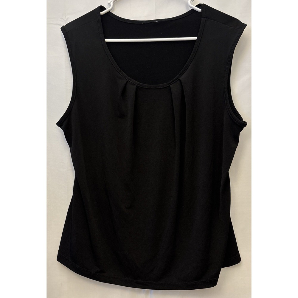 Women's Black Polyester Stretch Sleeveless Pleated Collar Blouse Tank Top Size M